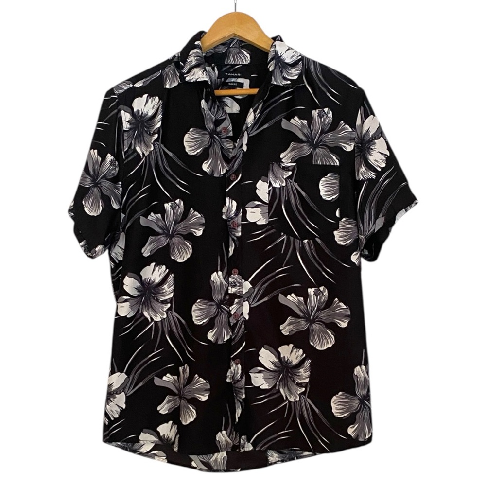 Tahari Black and White Floral Men's Shirt Size: Large Slim Fit